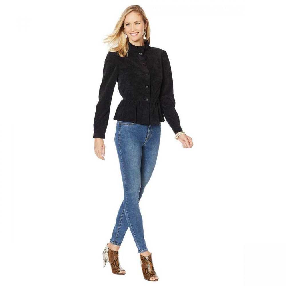 NWT Ruffle Trim Peplum Corduroy Jacket Small Black - Picture 2 of 6